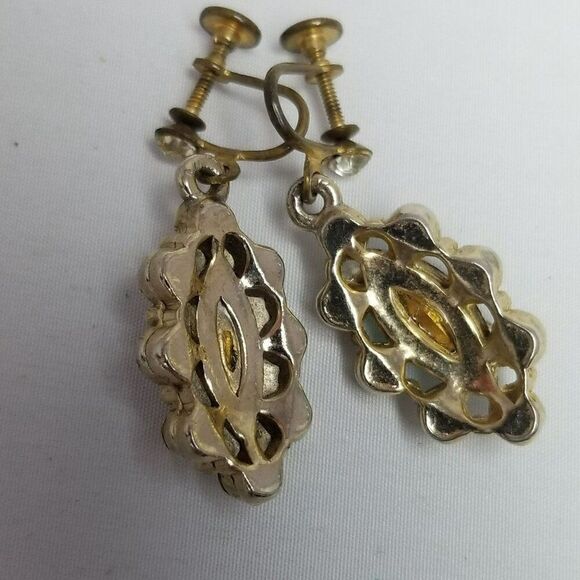 Vintage Blue Marquise Rhinestone Dangle Clip On Earrings, Gold Tone Setting - Picture 3 of 6